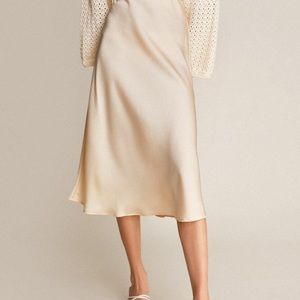 Ivory Satin High Rise A-Line Midi Skirt